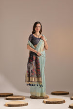 Load image into Gallery viewer, Jissa Firozi Blue Muga Cotton Pichwai Saree
