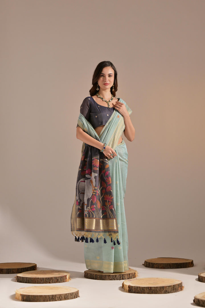 Jissa Firozi Blue Muga Cotton Pichwai Saree