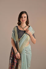 Load image into Gallery viewer, Jissa Firozi Blue Muga Cotton Pichwai Saree
