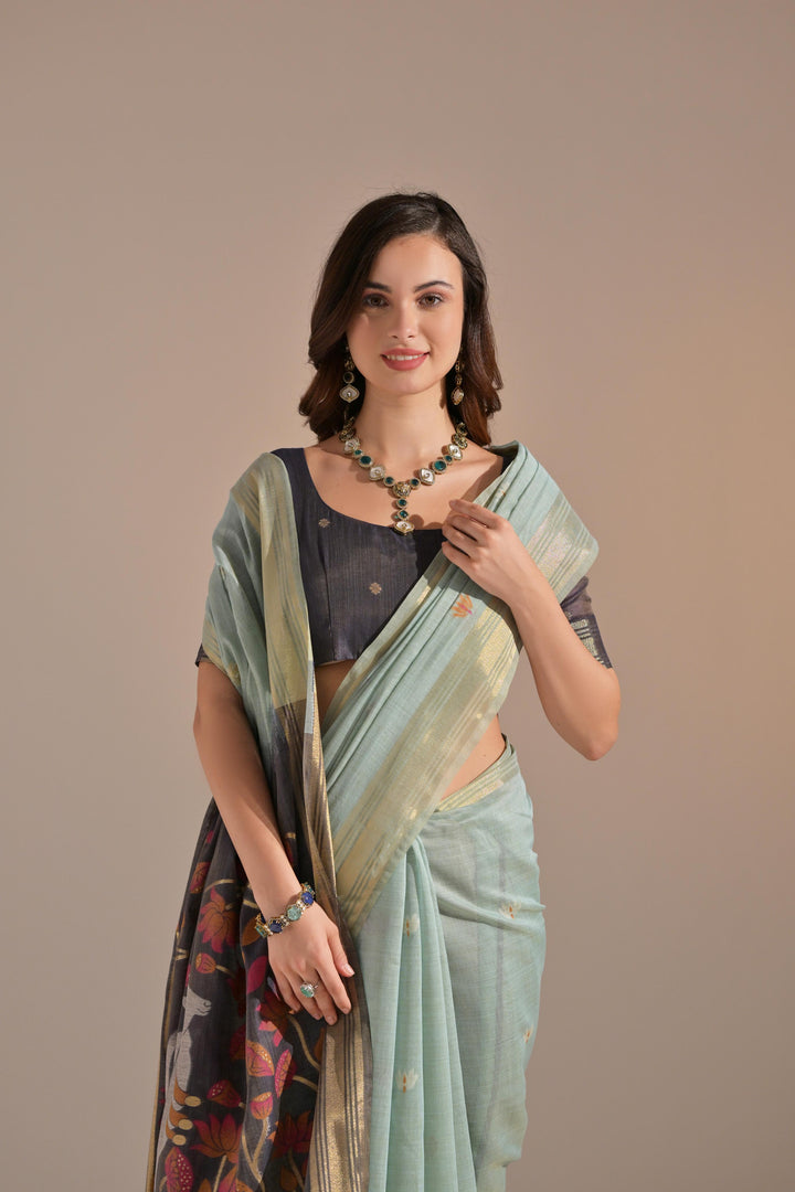 Jissa Firozi Blue Muga Cotton Pichwai Saree