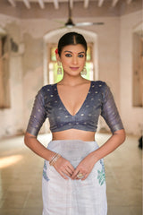 Ice White & Navy Muga Cotton Woven Saree