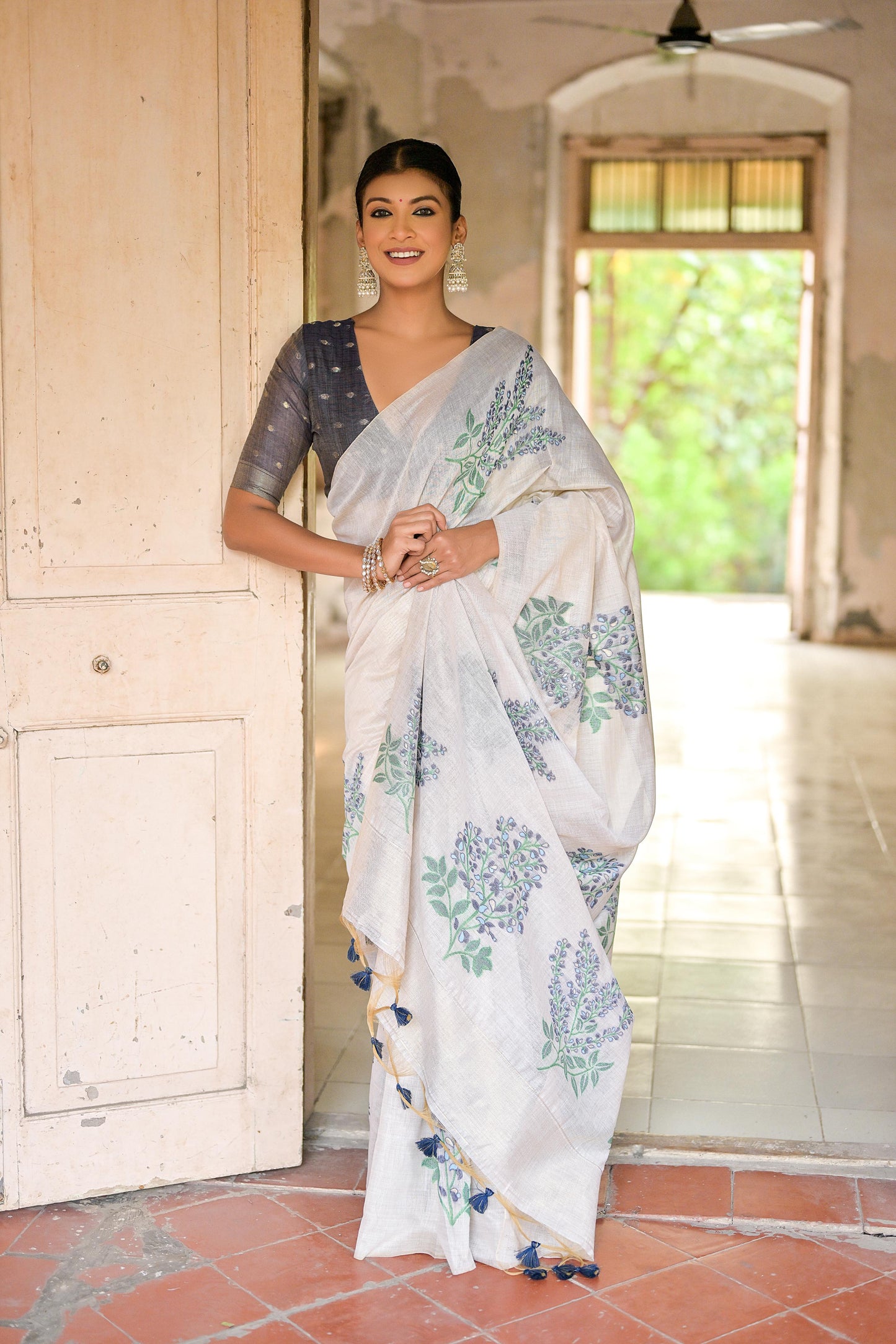Ice White & Navy Muga Cotton Woven Saree
