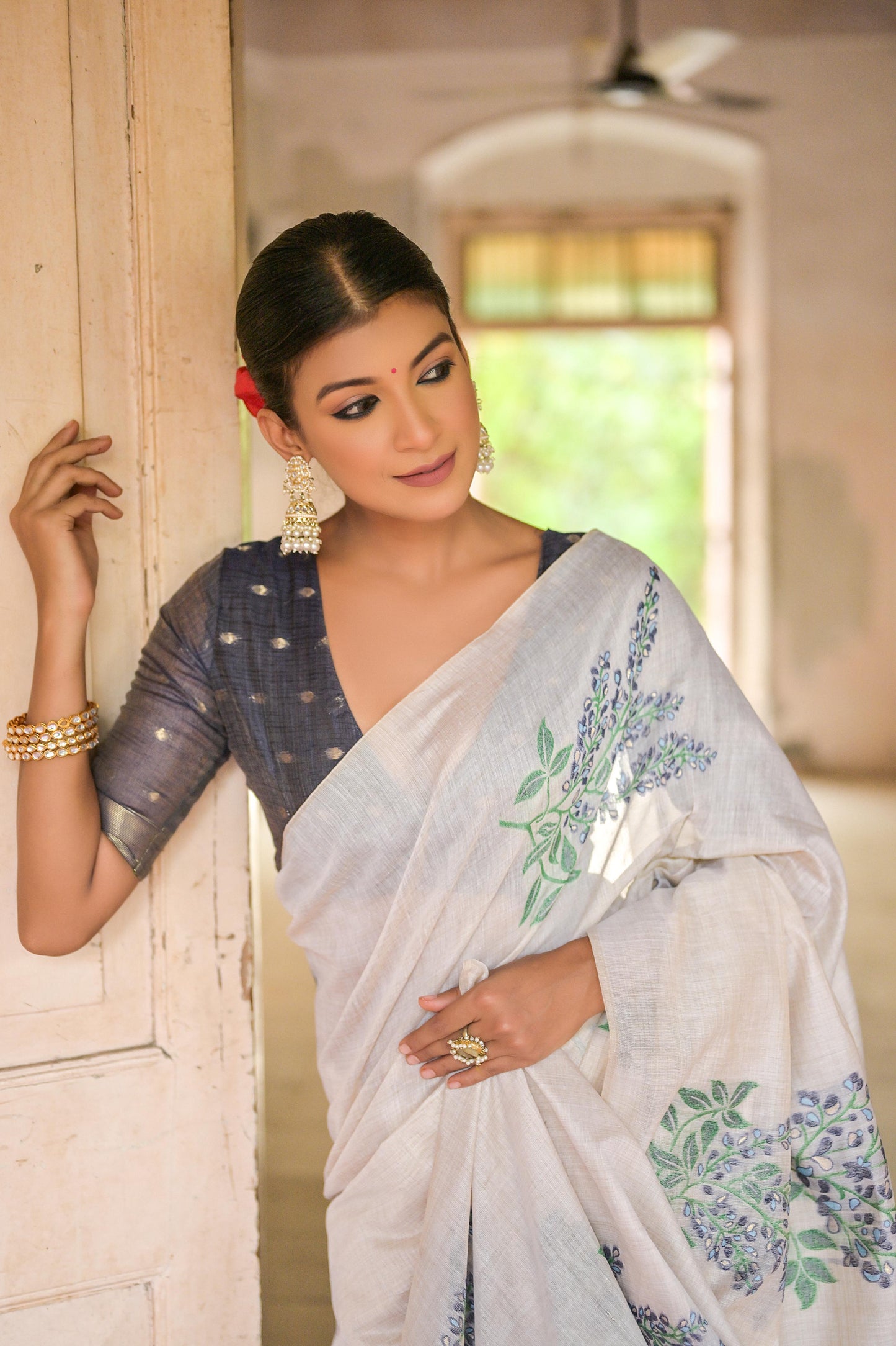 Ice White & Navy Muga Cotton Woven Saree
