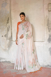 Ice White & Orange Muga Cotton Woven Saree