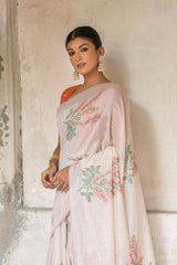 Ice White & Orange Muga Cotton Woven Saree