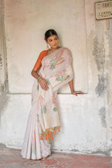Ice White & Orange Muga Cotton Woven Saree
