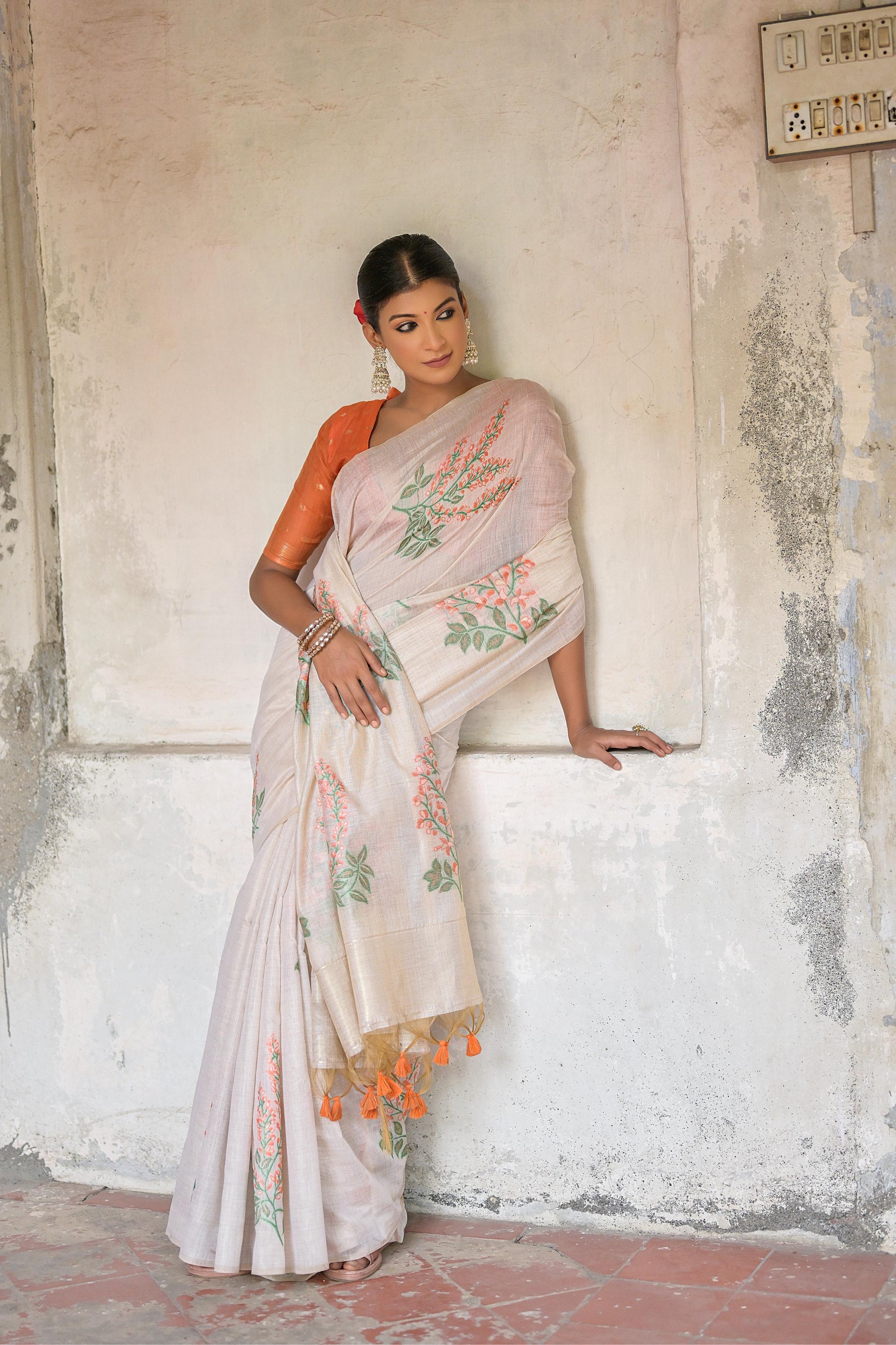 Ice White & Orange Muga Cotton Woven Saree