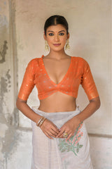Ice White & Orange Muga Cotton Woven Saree