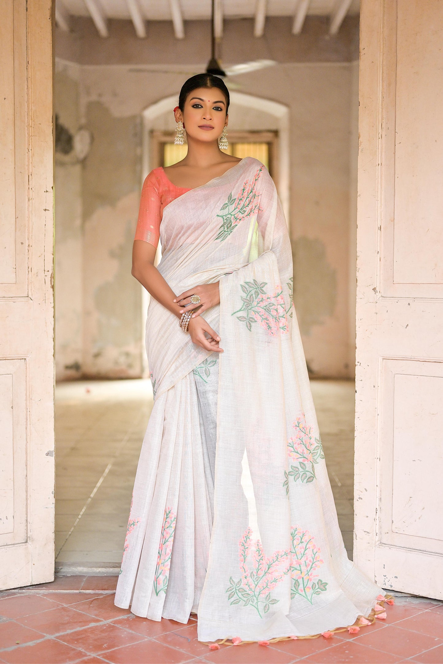 Ice White & Peach Muga Cotton Woven Saree