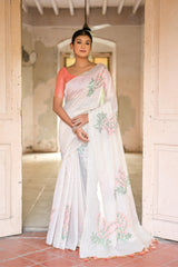 Ice White & Peach Muga Cotton Woven Saree