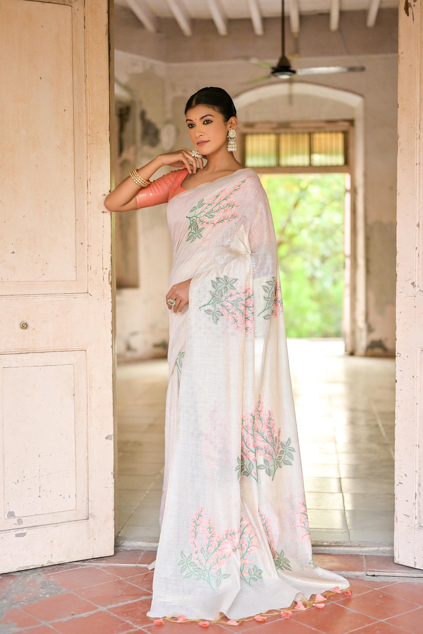 Ice White & Peach Muga Cotton Woven Saree