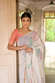 Ice White & Peach Muga Cotton Woven Saree