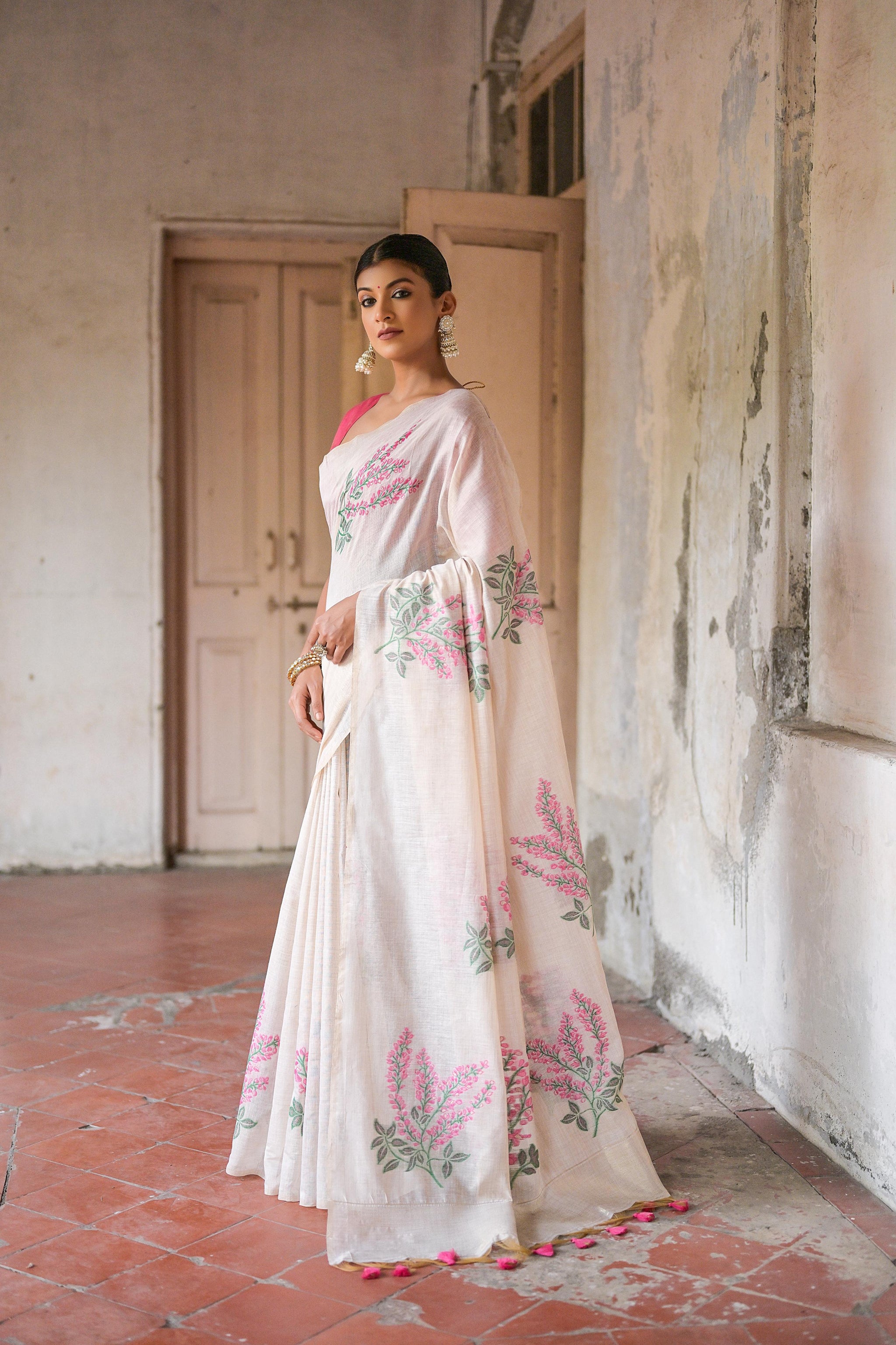 Ice White & Pink Muga Cotton Woven Saree
