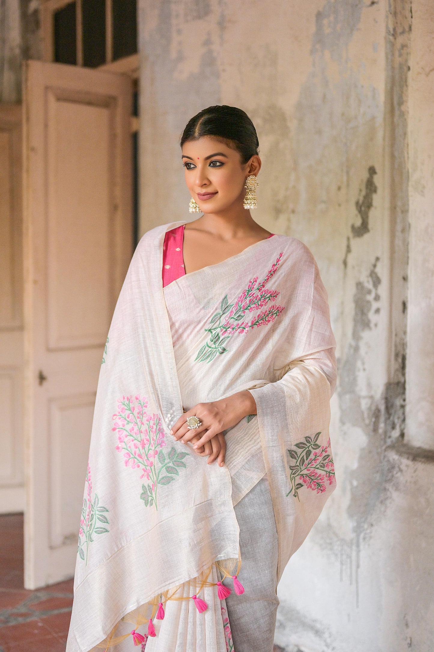 Ice White & Pink Muga Cotton Woven Saree