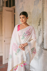 Ice White & Pink Muga Cotton Woven Saree