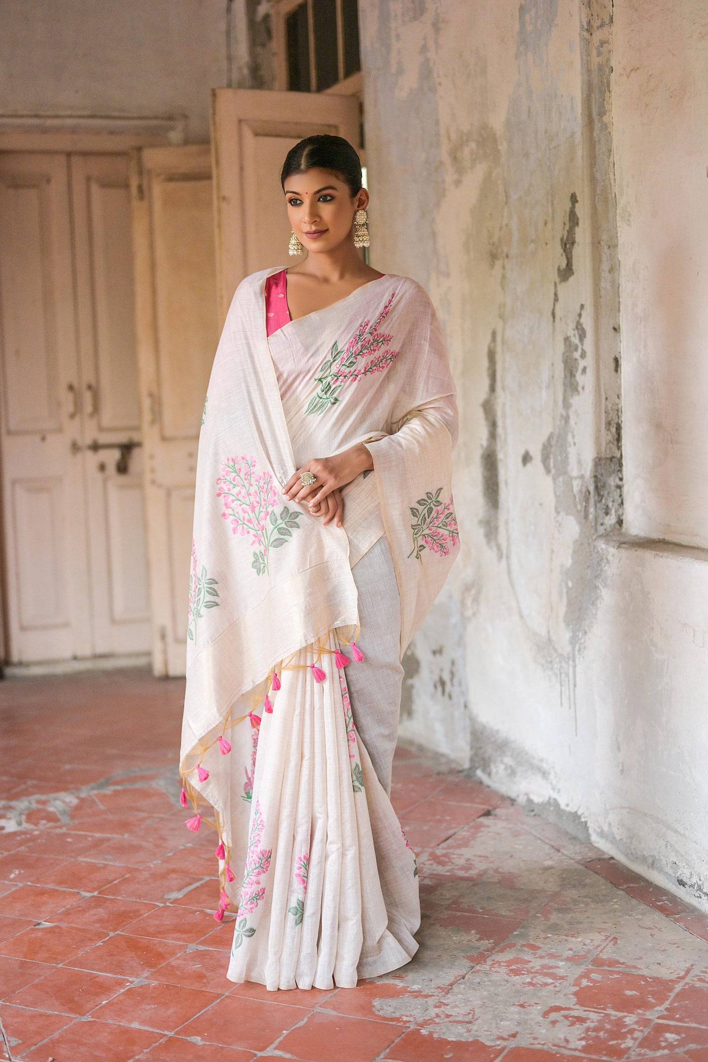 Ice White & Pink Muga Cotton Woven Saree