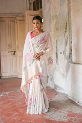 Ice White & Pink Muga Cotton Woven Saree