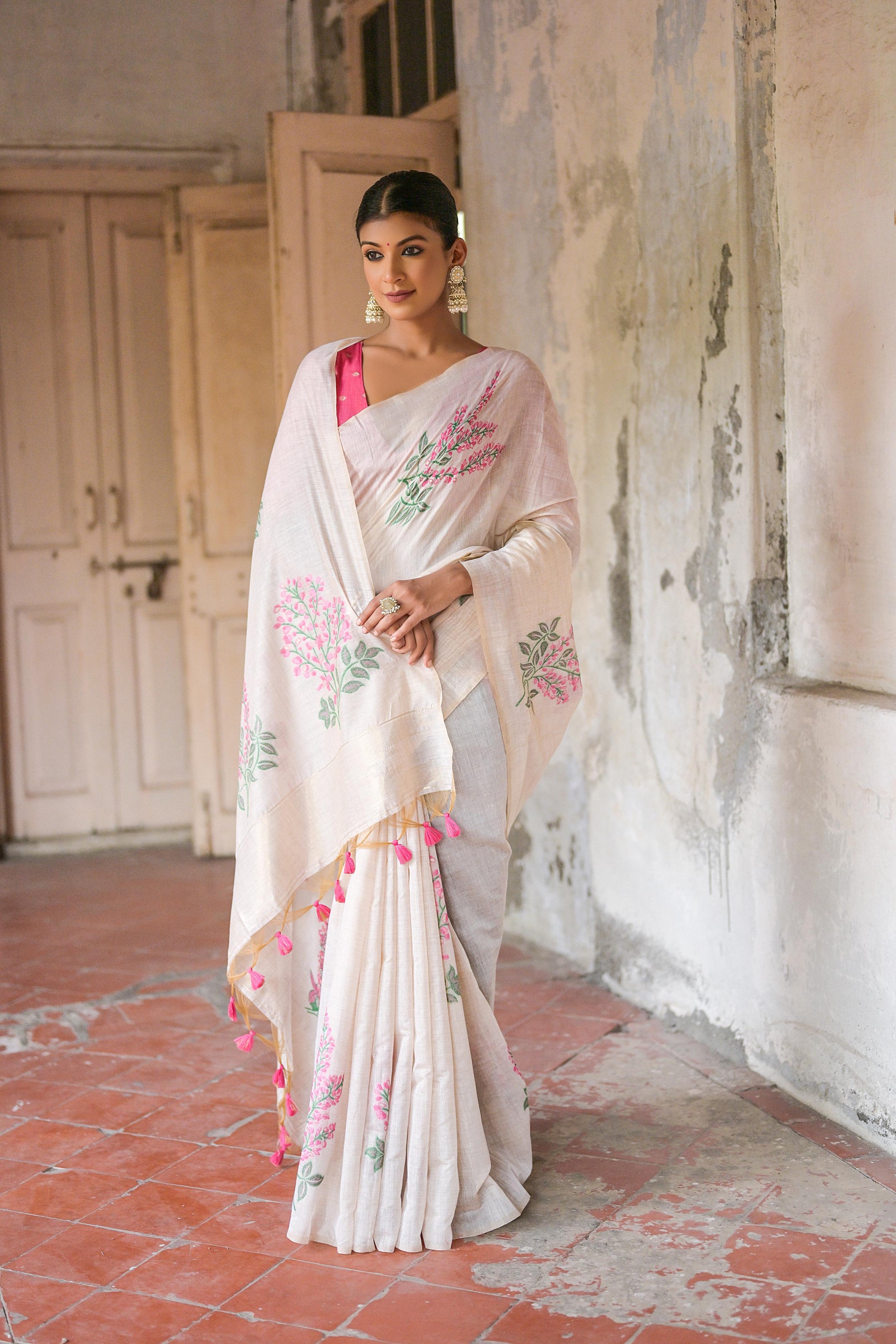 Ice White & Pink Muga Cotton Woven Saree