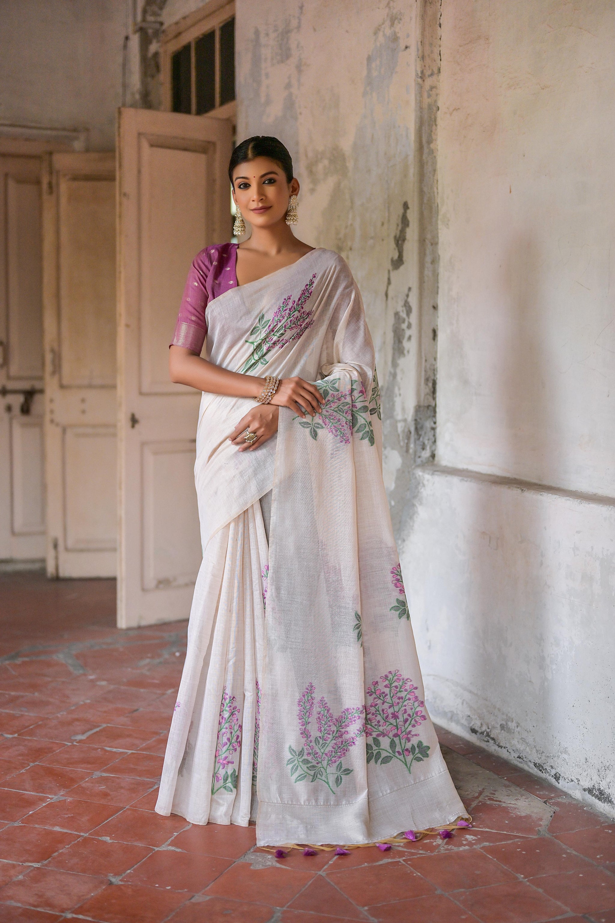 Ice White & Wine Muga Cotton Woven Saree