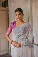 Ice White & Wine Muga Cotton Woven Saree