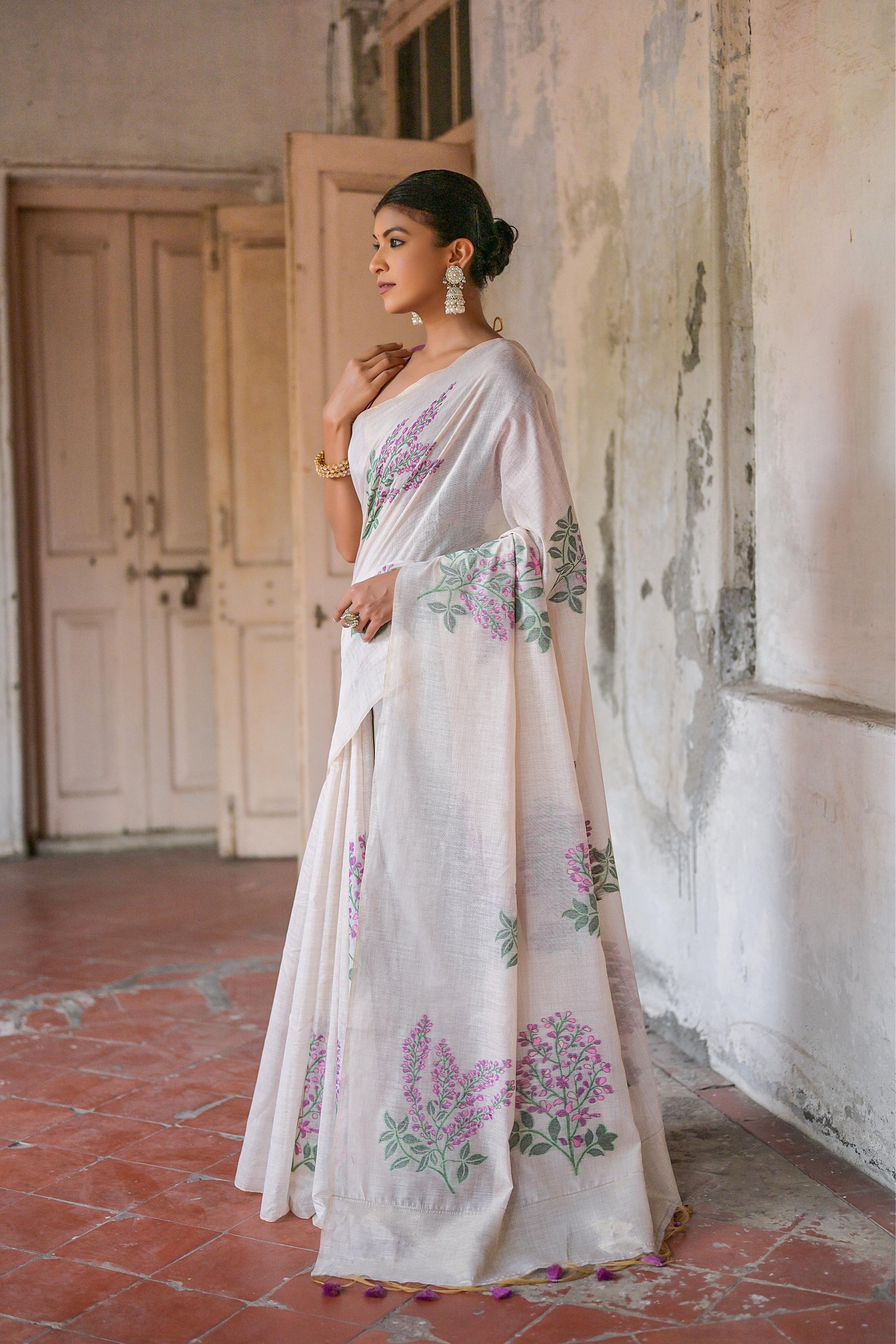 Ice White & Wine Muga Cotton Woven Saree