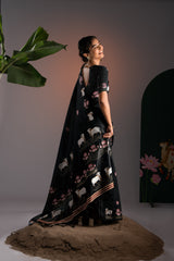 Nandika Black Muga Cotton Jamdani Pichwai Saree With Unstitched Blouse Piece