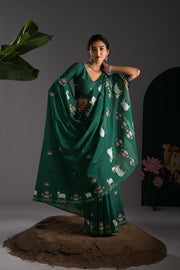 Nandika Green Muga Cotton Jamdani Pichwai Saree With Unstitched Blouse Piece