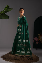 Nandika Green Muga Cotton Jamdani Pichwai Saree With Unstitched Blouse Piece