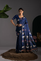 Nandika Navy Muga Cotton Jamdani Pichwai Saree With Unstitched Blouse Piece