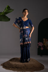 Nandika Navy Muga Cotton Jamdani Pichwai Saree With Unstitched Blouse Piece