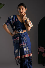 Nandika Navy Muga Cotton Jamdani Pichwai Saree With Unstitched Blouse Piece