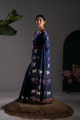 Nandika Navy Muga Cotton Jamdani Pichwai Saree With Unstitched Blouse Piece