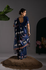 Nandika Navy Muga Cotton Jamdani Pichwai Saree With Unstitched Blouse Piece