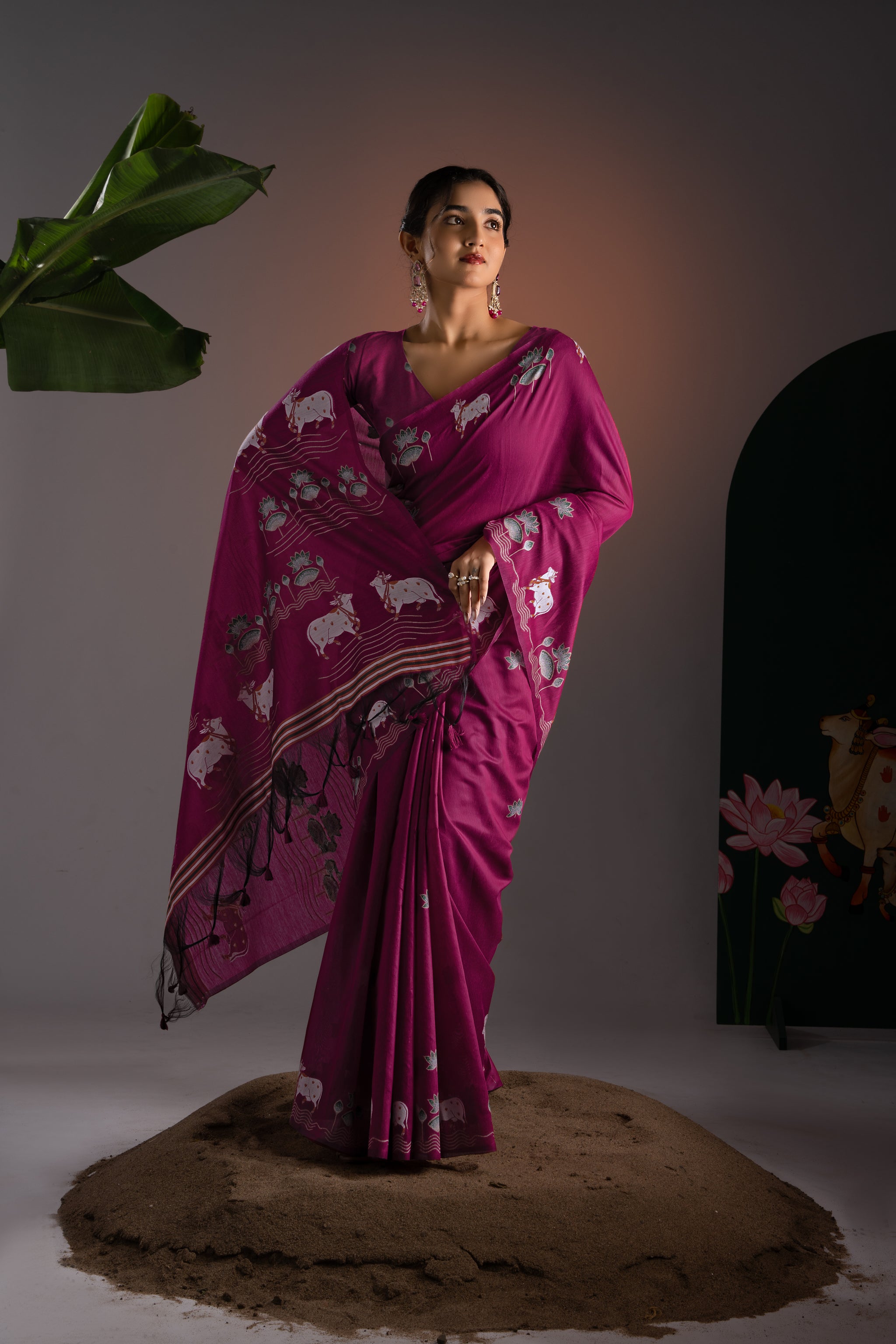 Nandika Mukberry Pink Muga Cotton Jamdani Pichwai Saree With Unstitched Blouse Piece