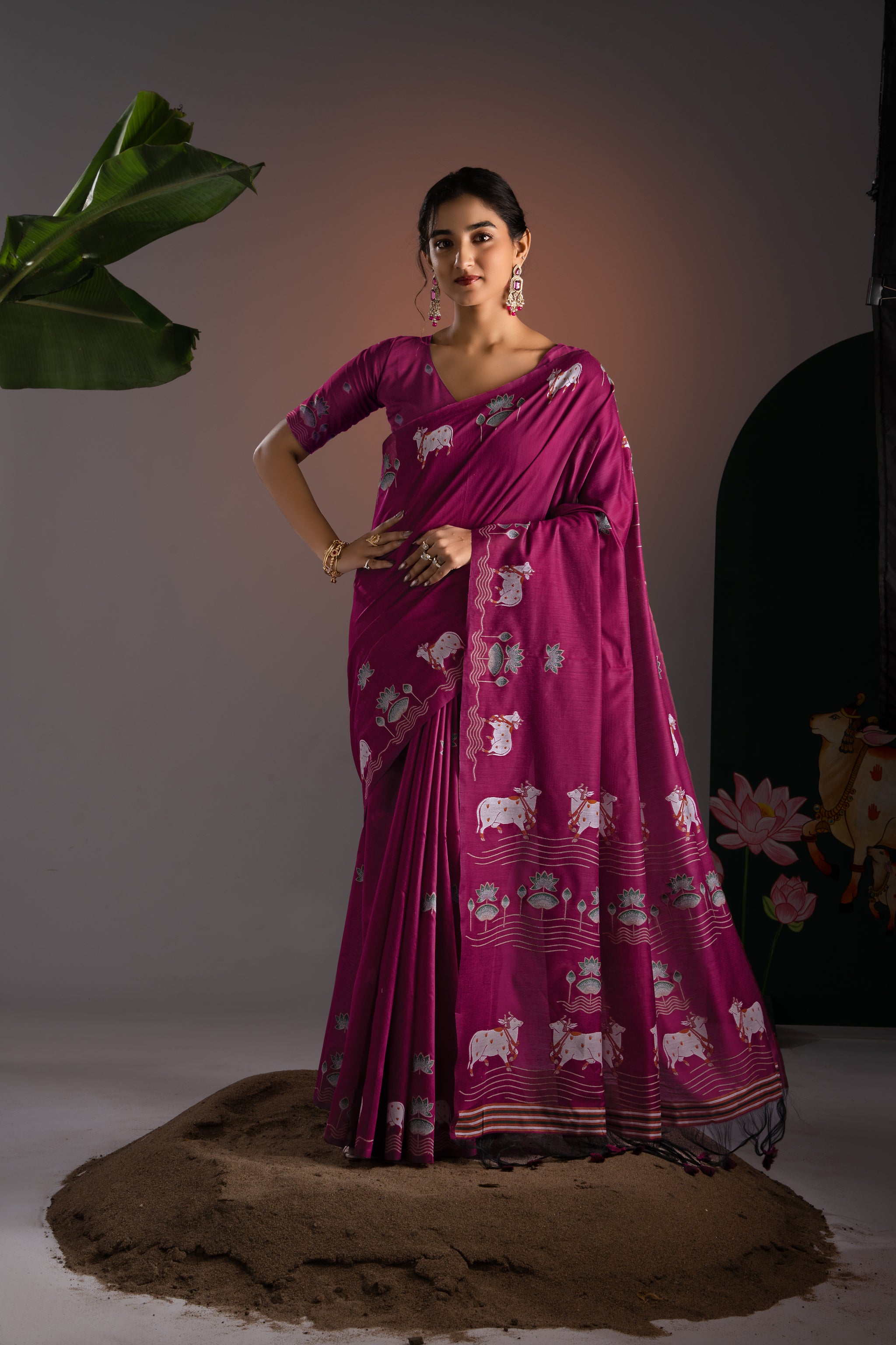 Nandika Mukberry Pink Muga Cotton Jamdani Pichwai Saree With Unstitched Blouse Piece