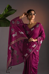 Nandika Mukberry Pink Muga Cotton Jamdani Pichwai Saree With Unstitched Blouse Piece