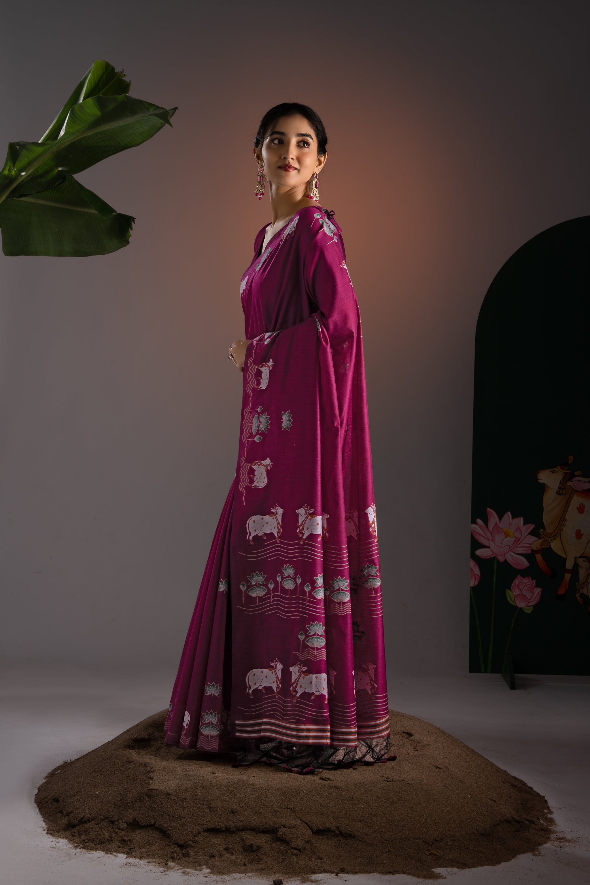 Nandika Mukberry Pink Muga Cotton Jamdani Pichwai Saree With Unstitched Blouse Piece