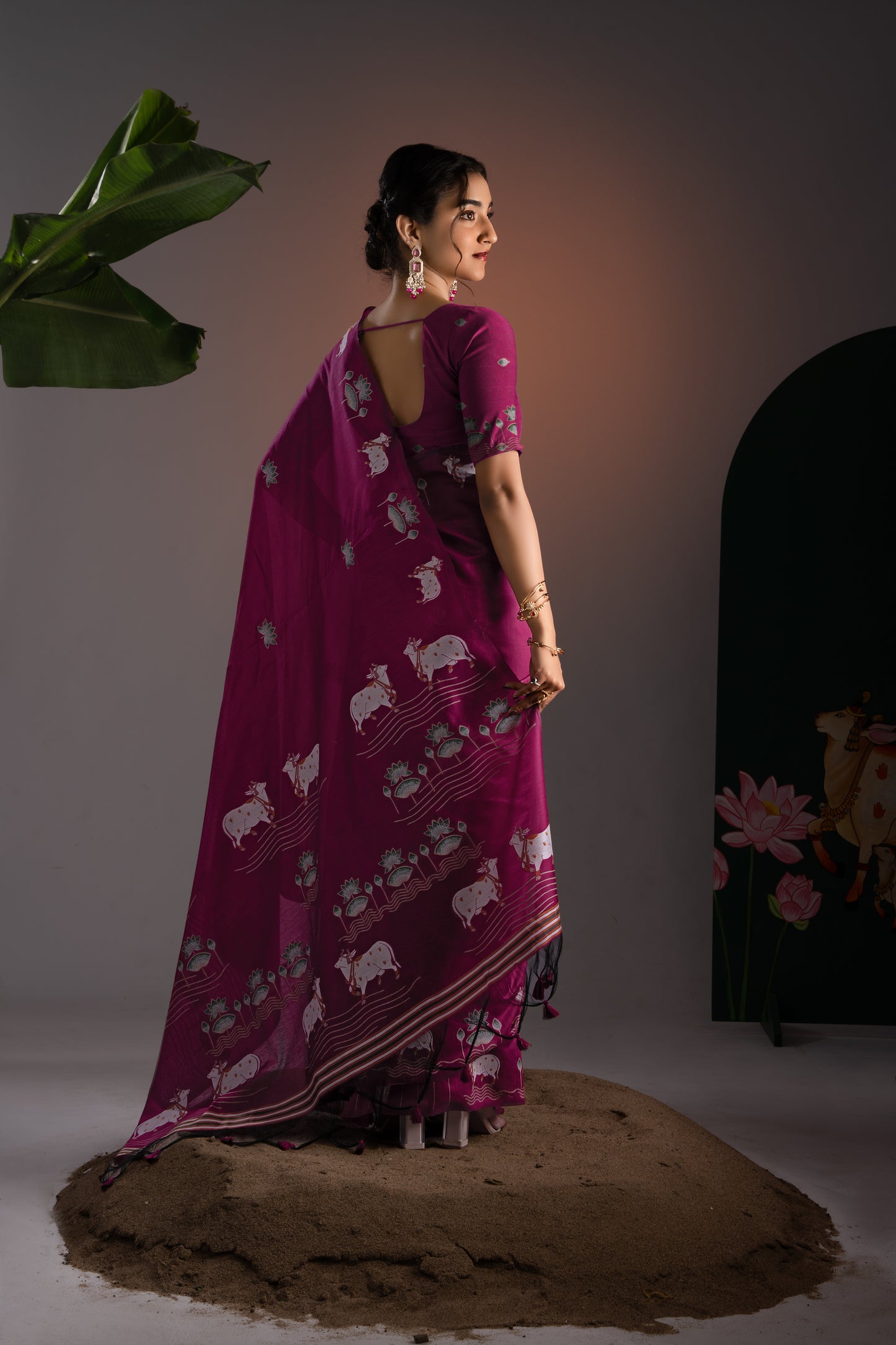Nandika Mukberry Pink Muga Cotton Jamdani Pichwai Saree With Unstitched Blouse Piece