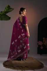 Nandika Mukberry Pink Muga Cotton Jamdani Pichwai Saree With Unstitched Blouse Piece