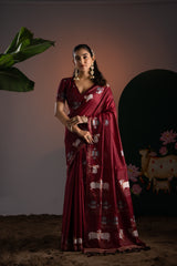 Nandika Maroon Red Muga Cotton Jamdani Pichwai Saree With Unstitched Blouse Piece