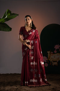 Nandika Maroon Red Muga Cotton Jamdani Pichwai Saree With Unstitched Blouse Piece