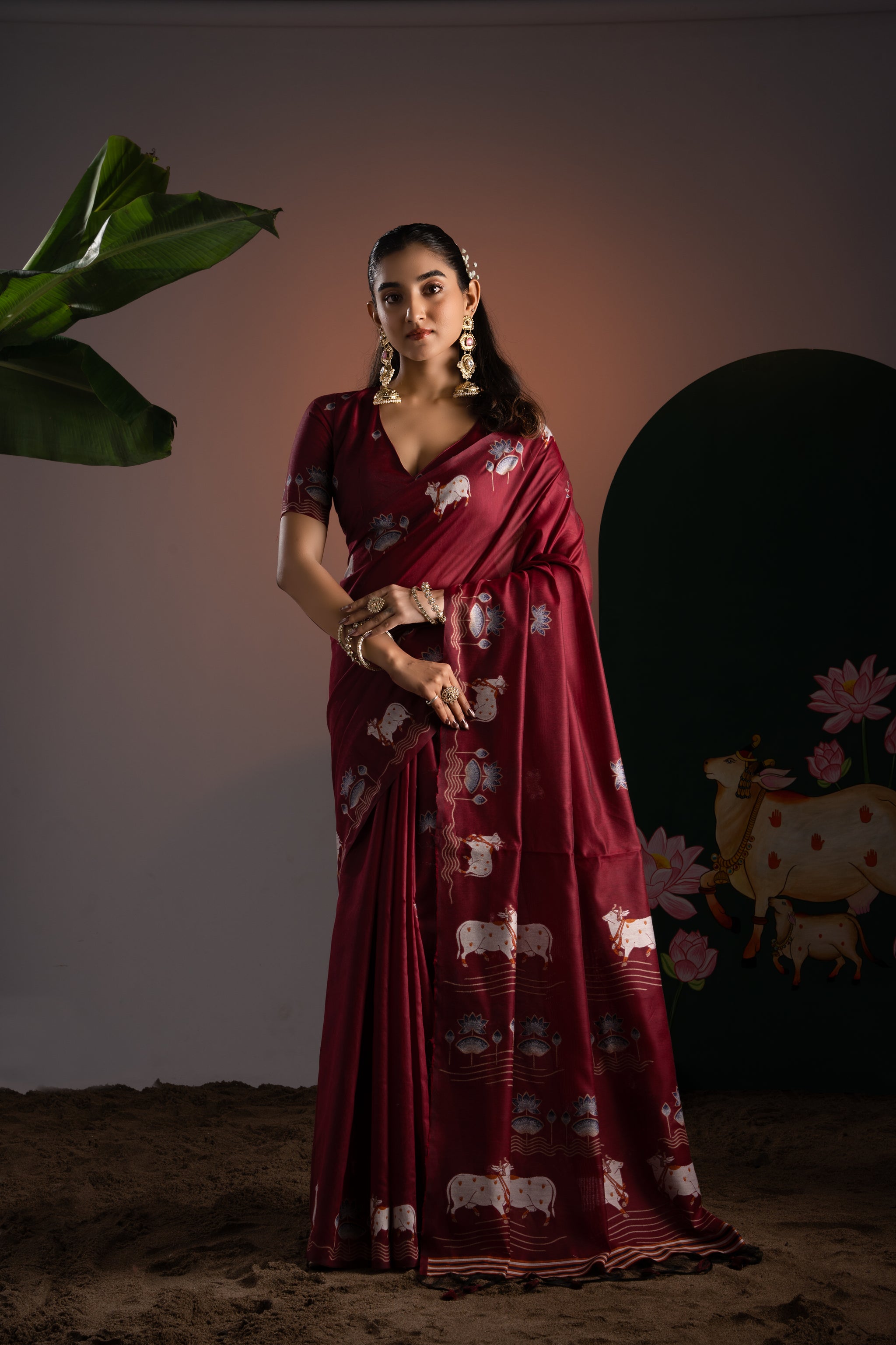 Nandika Maroon Red Muga Cotton Jamdani Pichwai Saree With Unstitched Blouse Piece