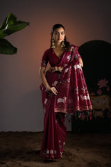 Nandika Maroon Red Muga Cotton Jamdani Pichwai Saree With Unstitched Blouse Piece