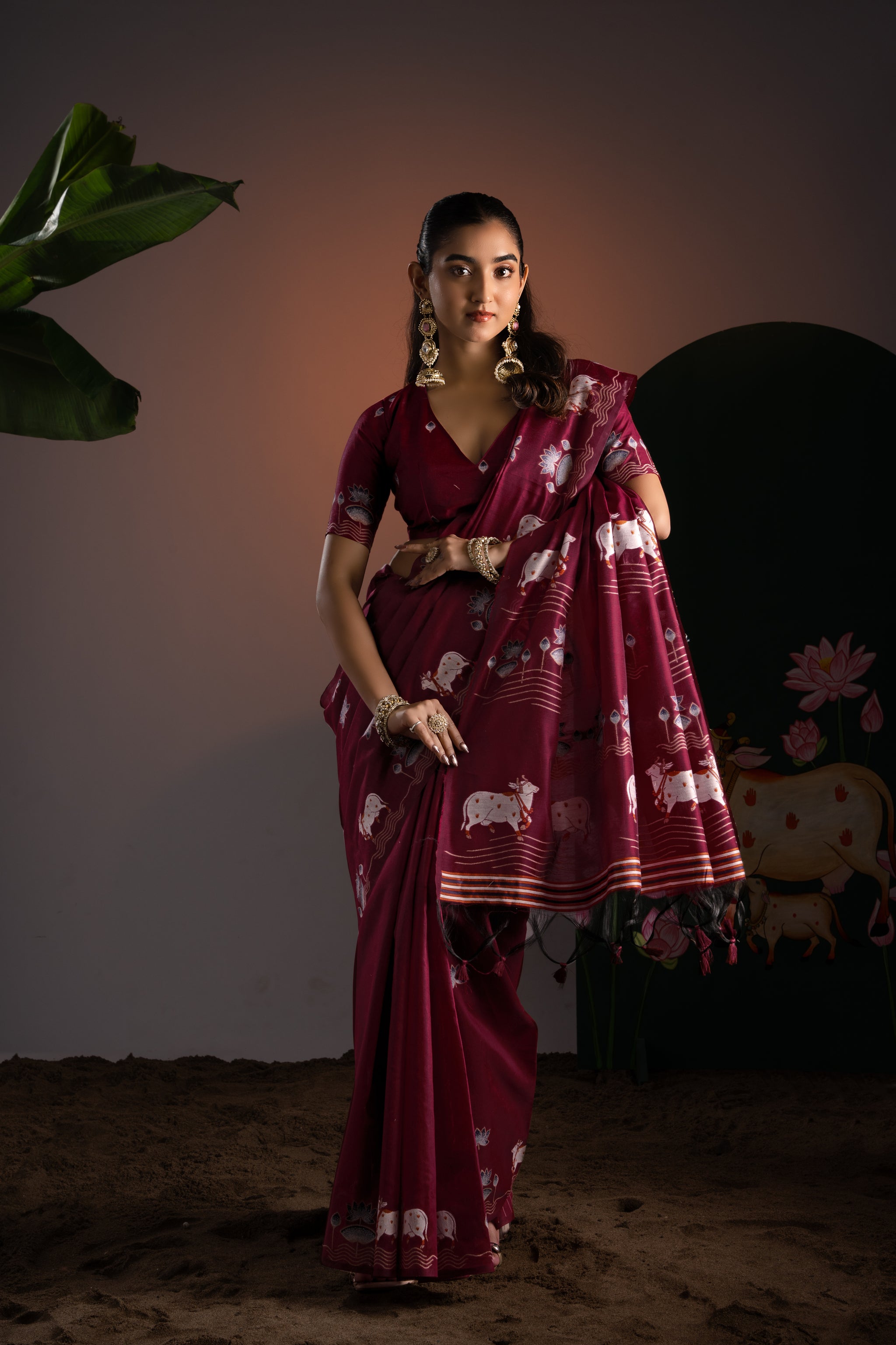Nandika Maroon Red Muga Cotton Jamdani Pichwai Saree With Unstitched Blouse Piece