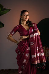 Nandika Maroon Red Muga Cotton Jamdani Pichwai Saree With Unstitched Blouse Piece