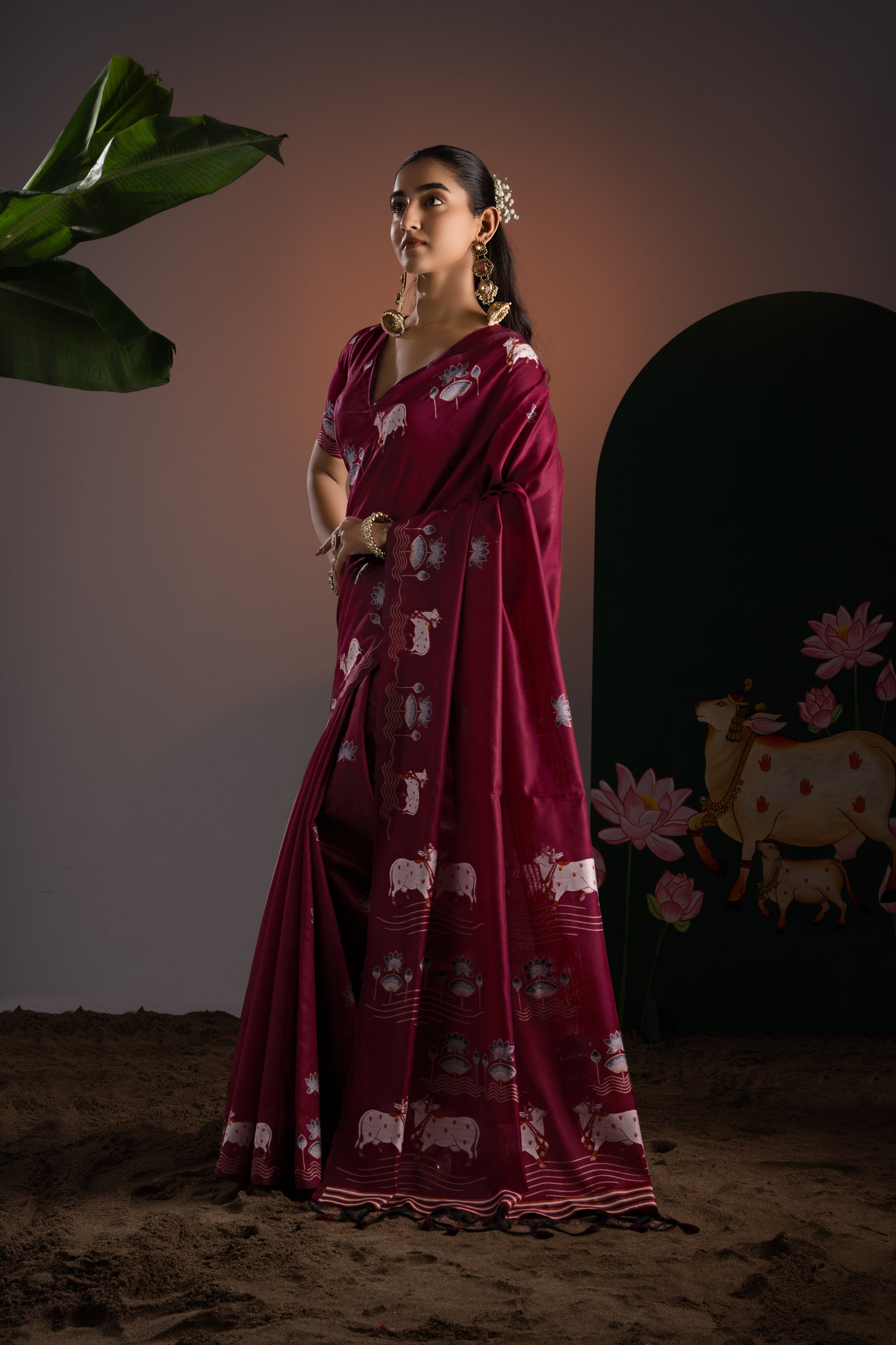 Nandika Maroon Red Muga Cotton Jamdani Pichwai Saree With Unstitched Blouse Piece