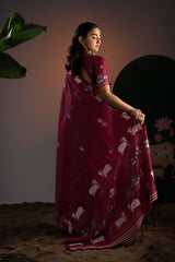 Nandika Maroon Red Muga Cotton Jamdani Pichwai Saree With Unstitched Blouse Piece