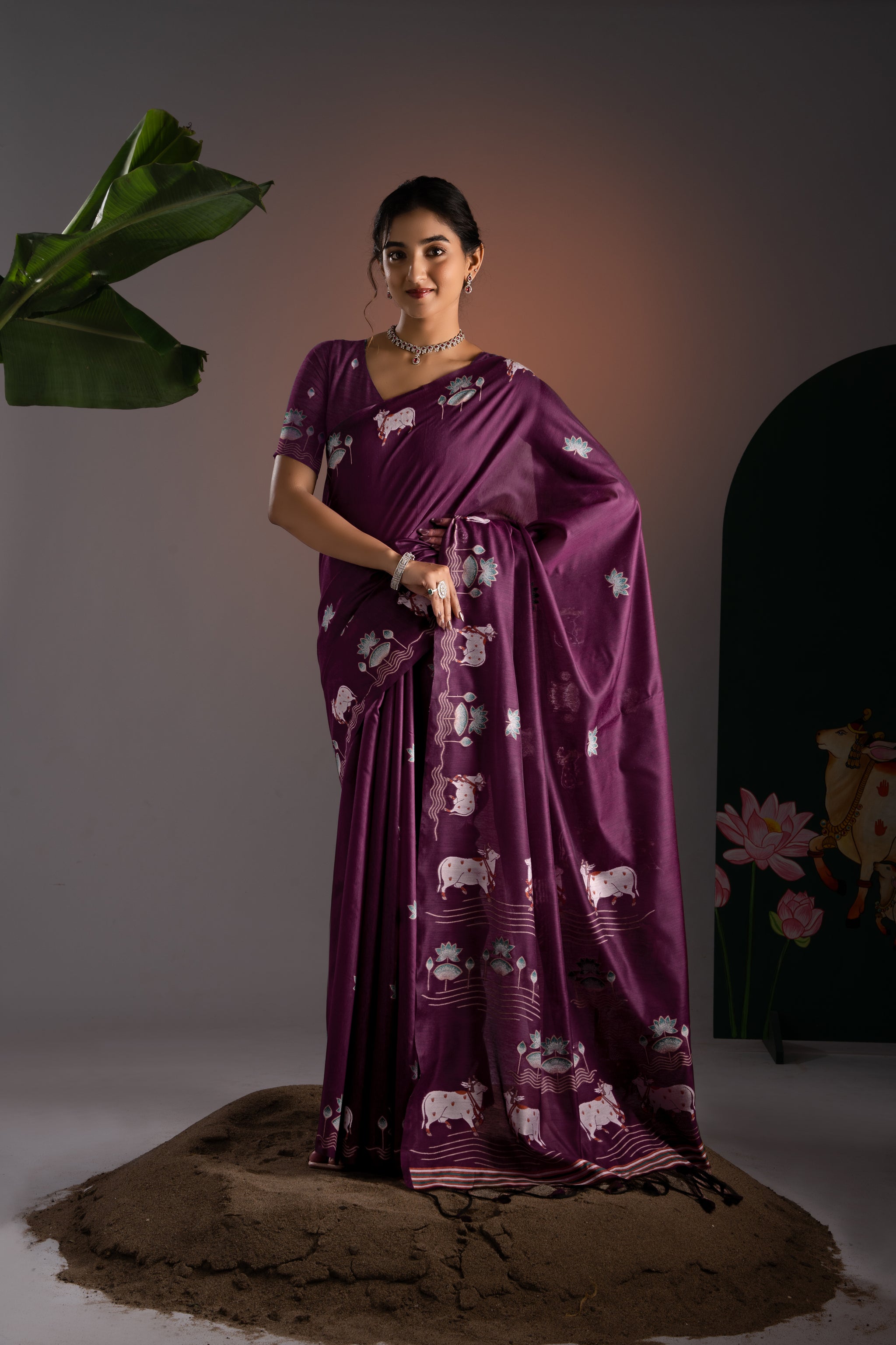 Nandika Wine Muga Cotton Jamdani Pichwai Saree With Unstitched Blouse Piece