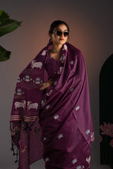 Nandika Wine Muga Cotton Jamdani Pichwai Saree With Unstitched Blouse Piece