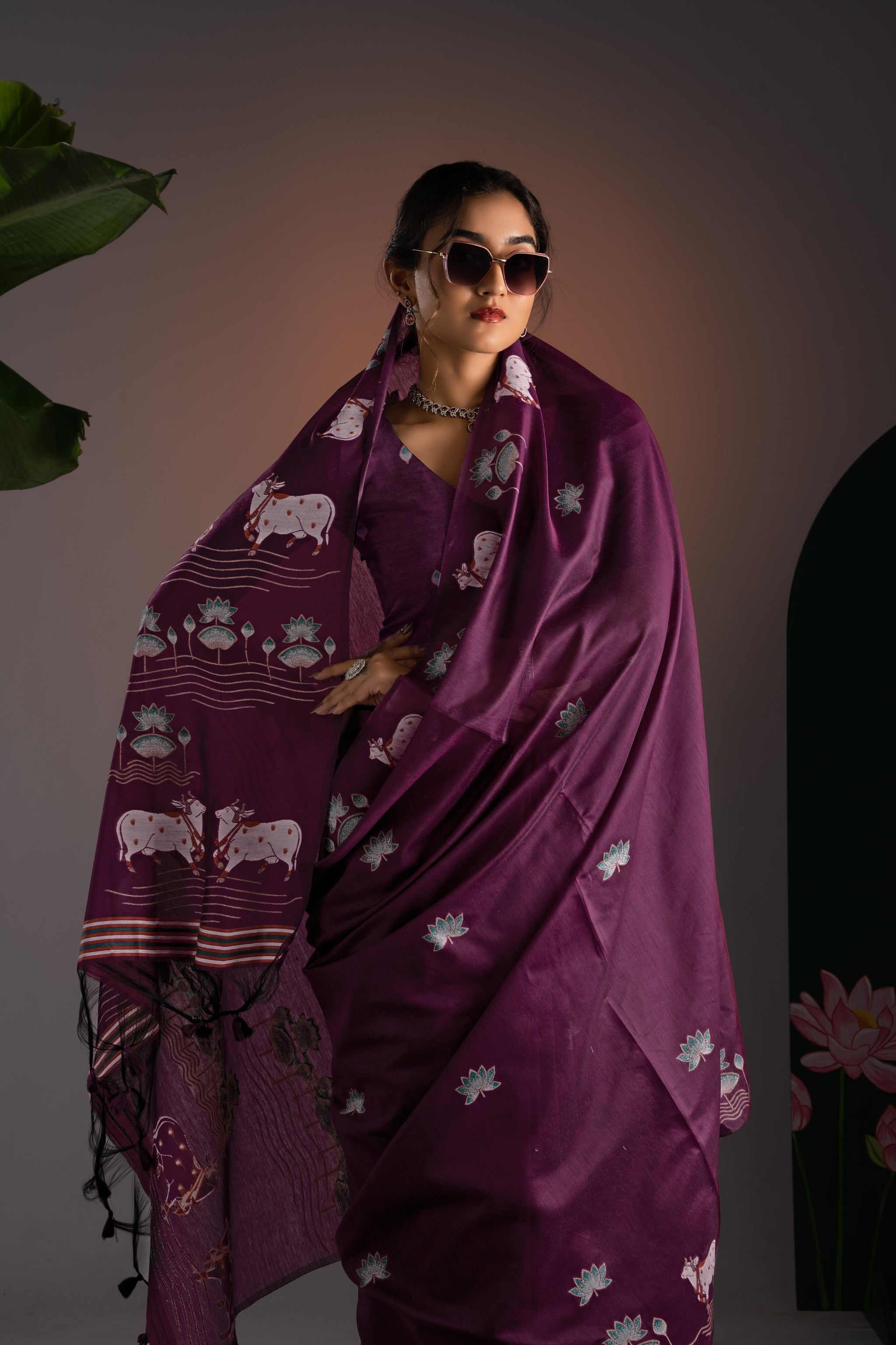 Nandika Wine Muga Cotton Jamdani Pichwai Saree With Unstitched Blouse Piece